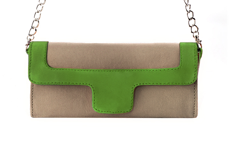 Women's tan beige and grass green luxurious elegant clutch for ceremonies, weddings and evenings out. - Profile view